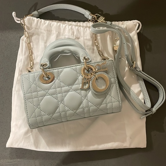 !SOLD! DIOR LADY DJOY MICRO BAG PLACID BLUE CANNAGE LAMBSKIN CHAMPAGNE GOLD HW - Picture 2 of 9